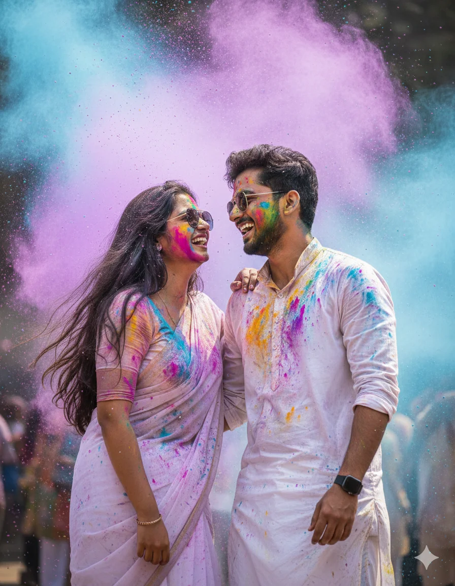 Holi 2026 Special High-Speed Neon Powder & Saree Couple AI Prompts