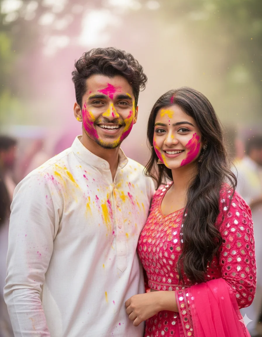Holi 2026 Special Pink Mirror Work Lehenga Couple AI Prompts