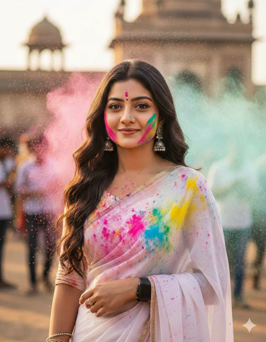 Holi 2026 Special Bollywood Heroine White Chiffon Saree AI Prompts