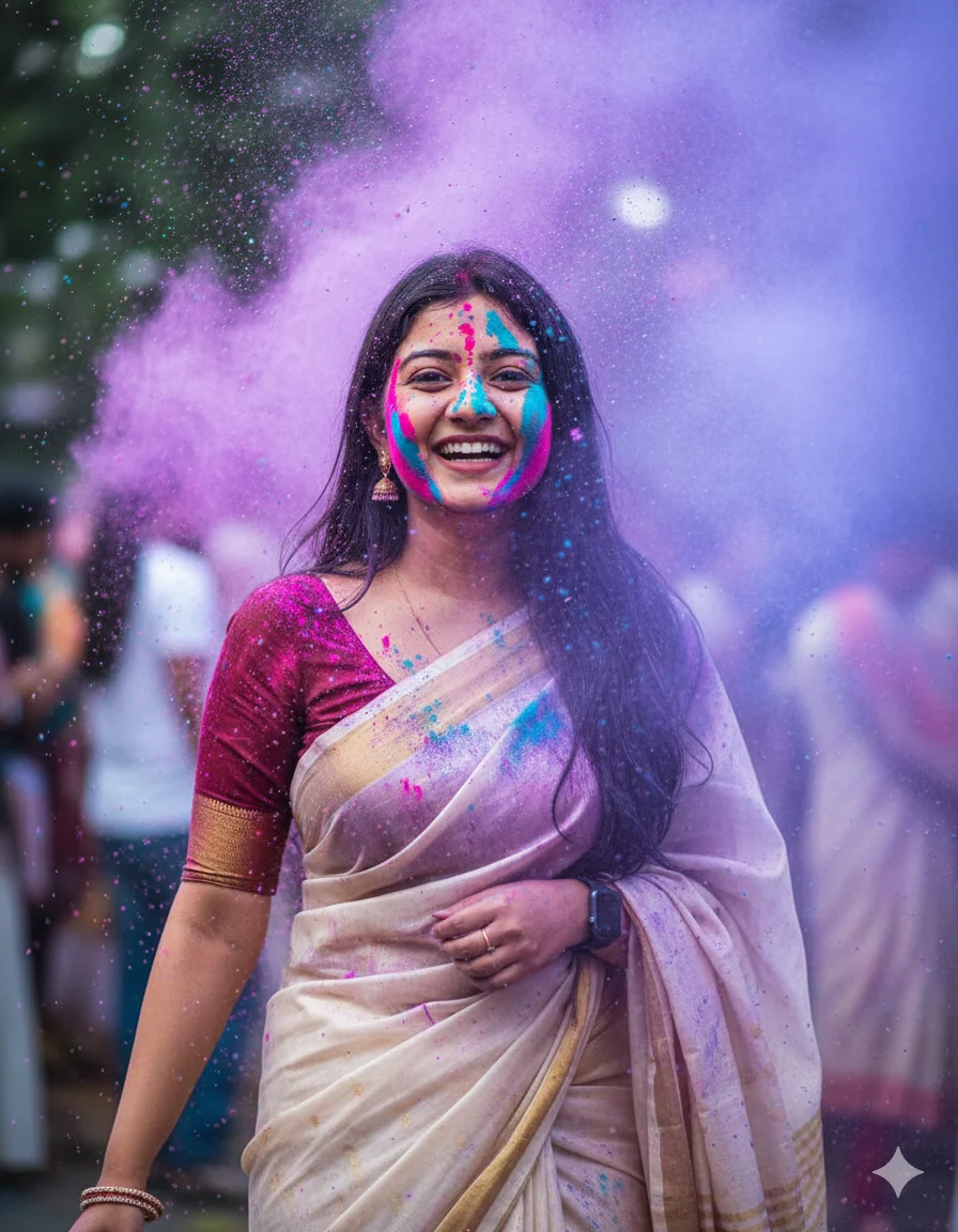 Holi 2026 Special Off-White Silk Saree & Neon Splash AI Prompts For Instagram