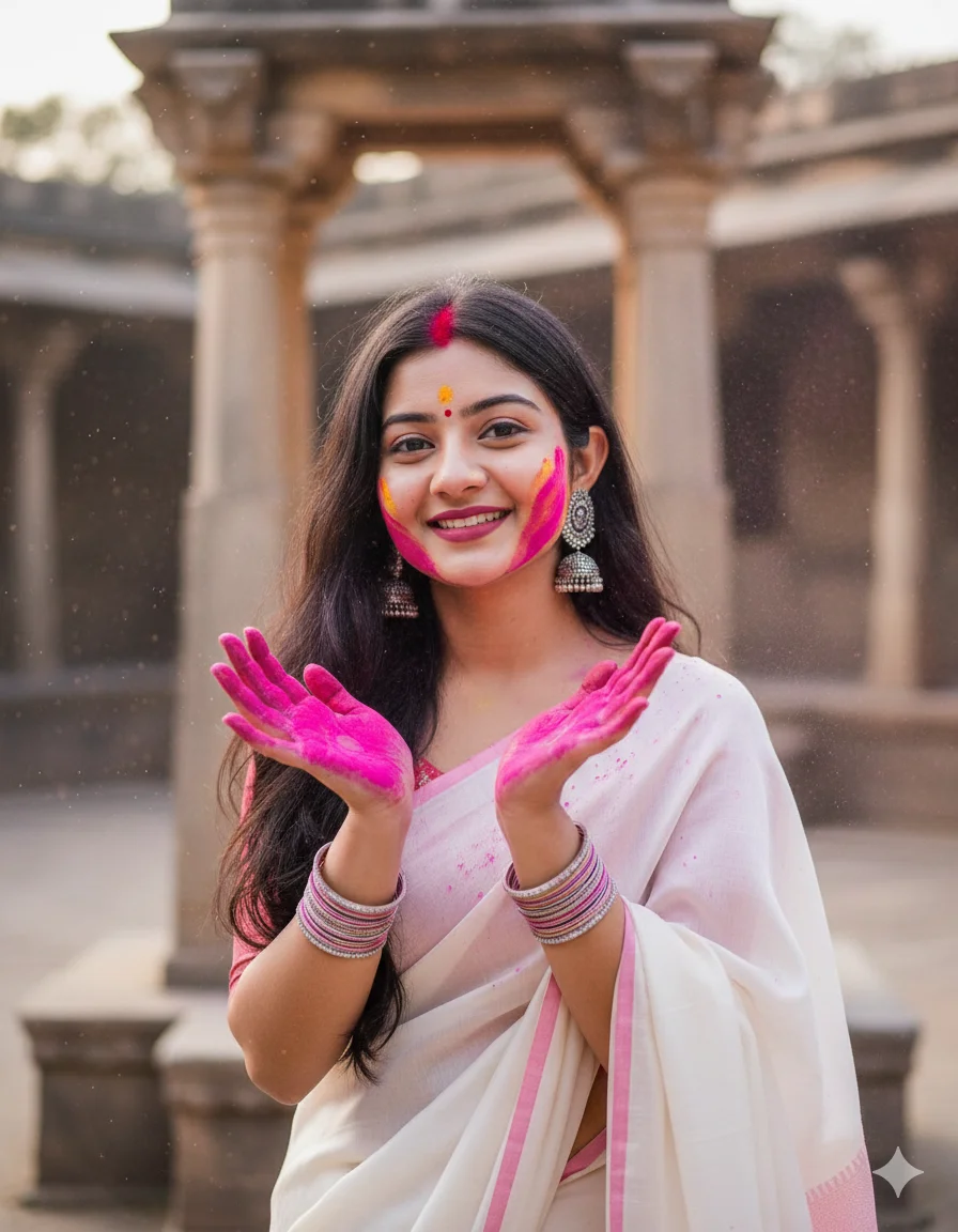 Holi 2026 Special White & Pink Saree Heritage Style Viral AI Prompts