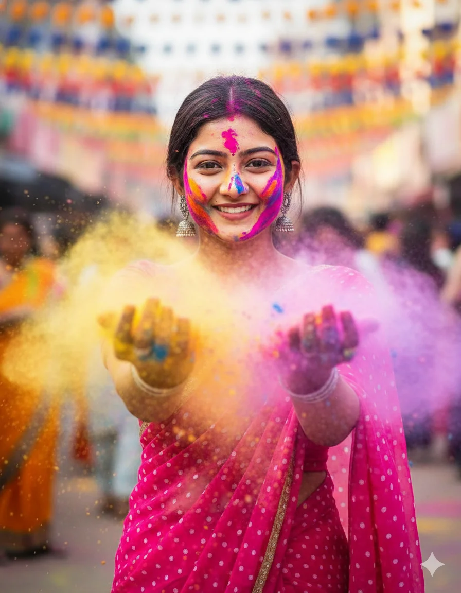 Holi 2026 Special Pink Polka Saree & Mid-Air Powder Blast AI Prompts