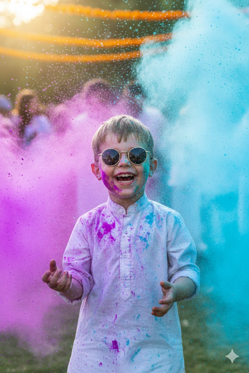 Holi 2026 Special Little Boy in White Kurta & Neon Powder AI Prompts for instagram