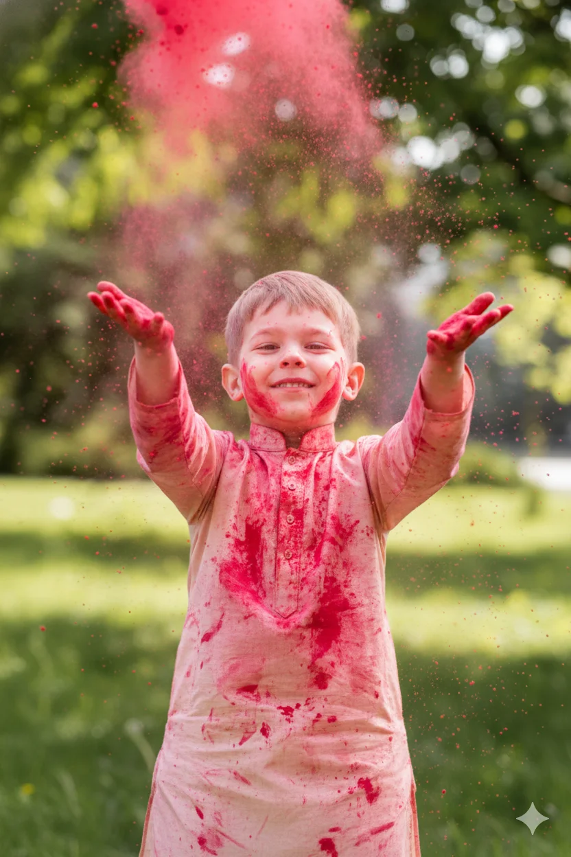 Holi 2026 Special Kid's Red Gulal Toss & Beige Kurta AI Prompts