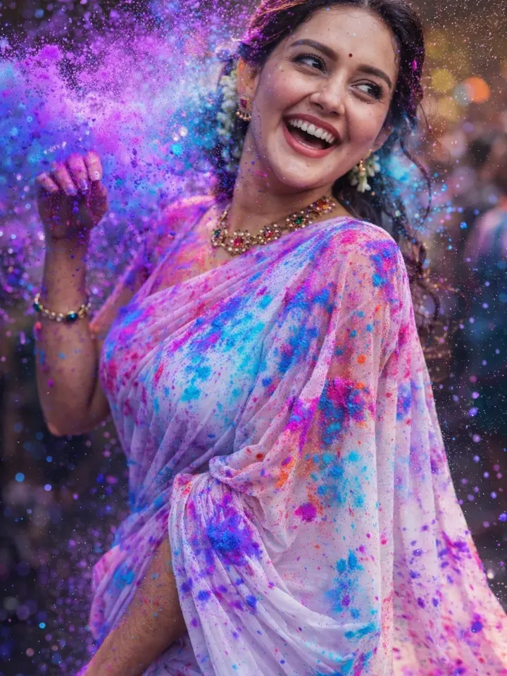 Special Holi 2026 Classic White Saree & Neon Splash AI Prompts