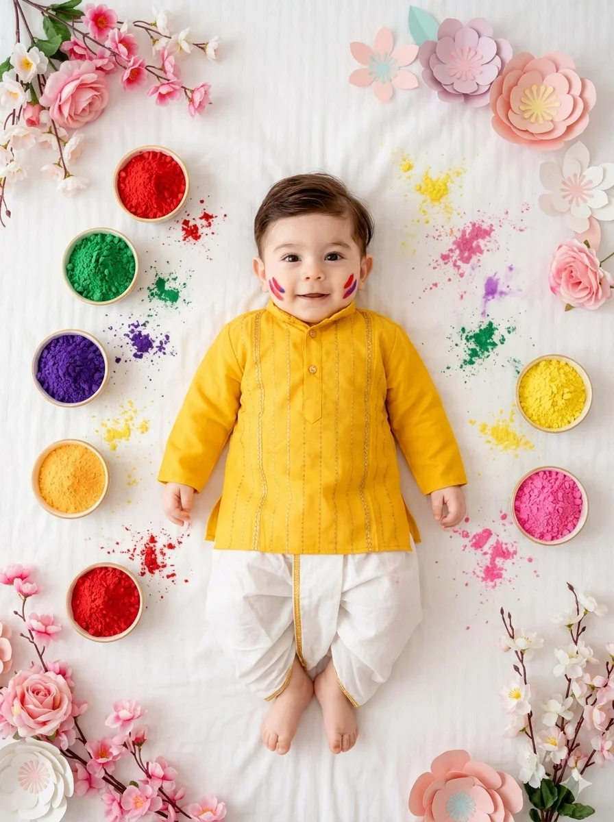 Holi 2026 Special Cute Baby Flat Lay with Floral & Powder Bowls AI Prompts
