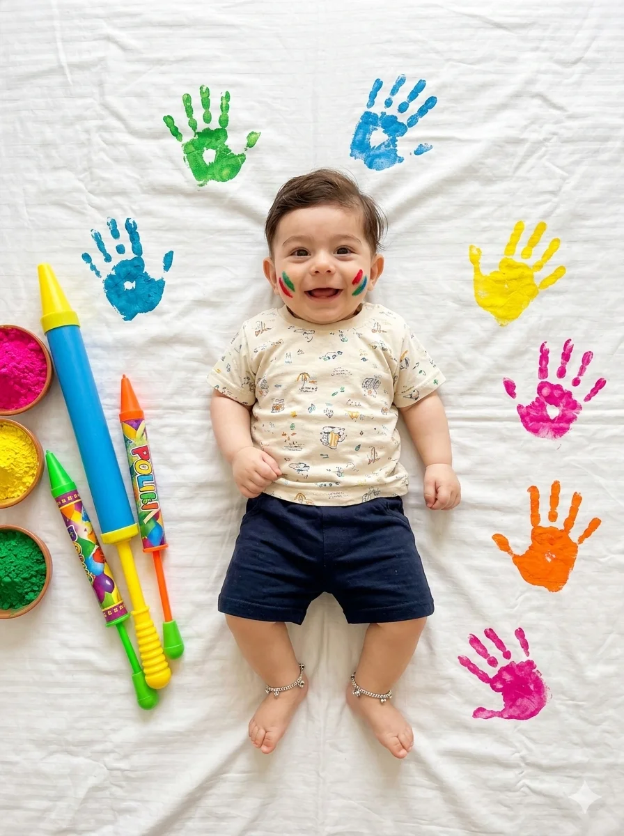 Holi 2026 Special Cute Baby Flat Lay with Handprints & Pichkari Bowls AI Prompts