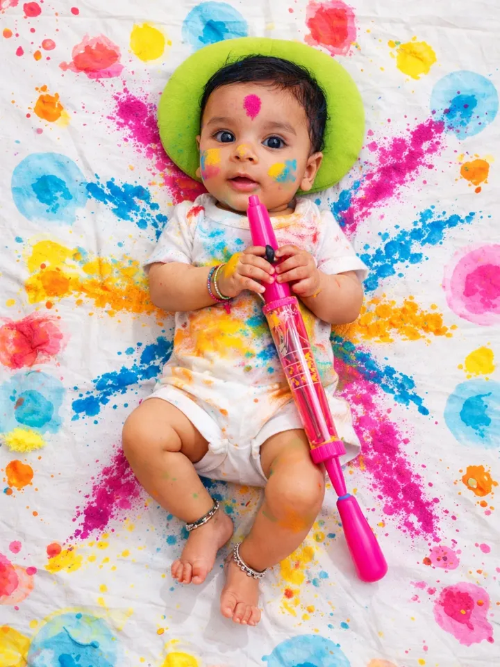 Holi 2026 Special Baby White Romper & Color Burst Flat Lay AI Prompts