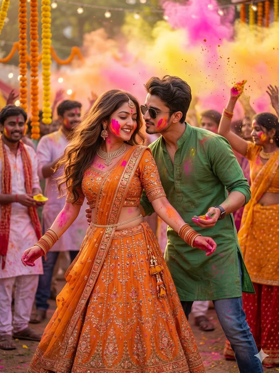 Holi 2026 Special Bollywood Couple Romance in Orange Lehenga & Green Kurta AI Prompts
