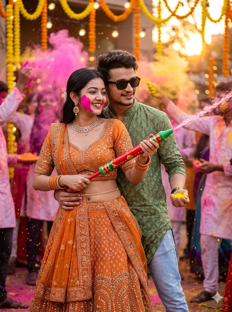 Holi 2026 Special Romantic Bollywood Back-Hug Couple in Orange Lehenga & Green Kurta AI Prompts