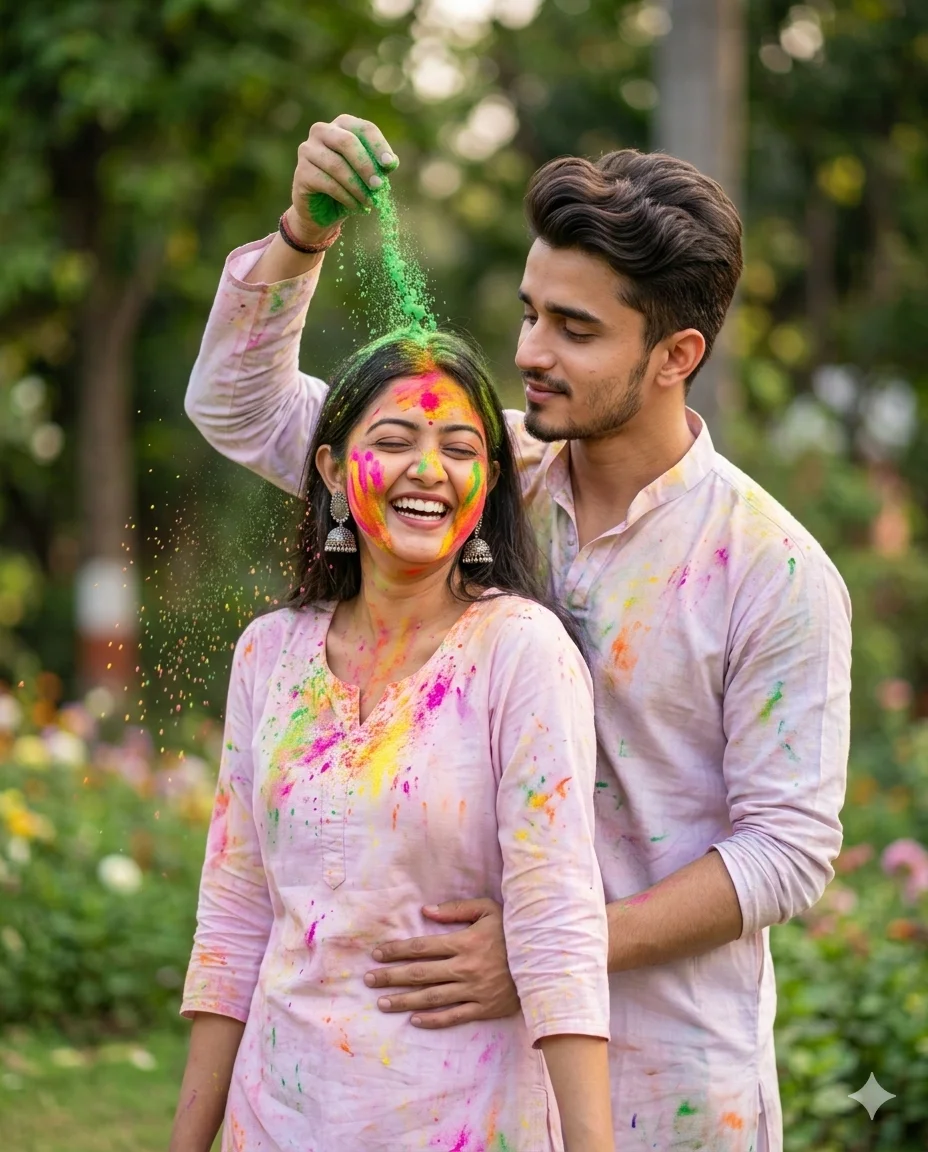 Holi 2026 Special Romantic Couple in Pastel Pink Kurta & Green Gulal AI