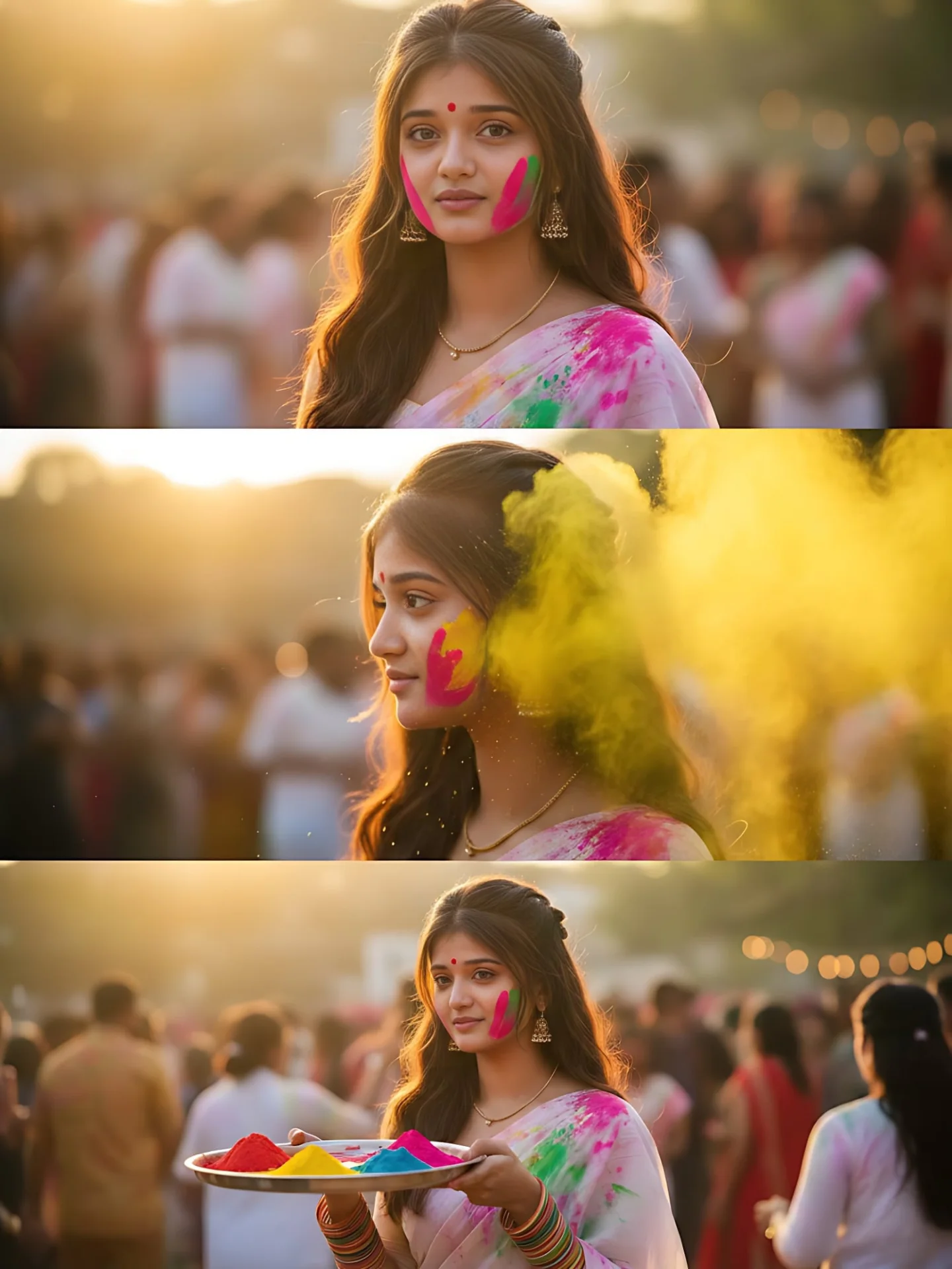 Holi 2026 Special 3-Frame Vertical Collage in White Saree AI Prompts