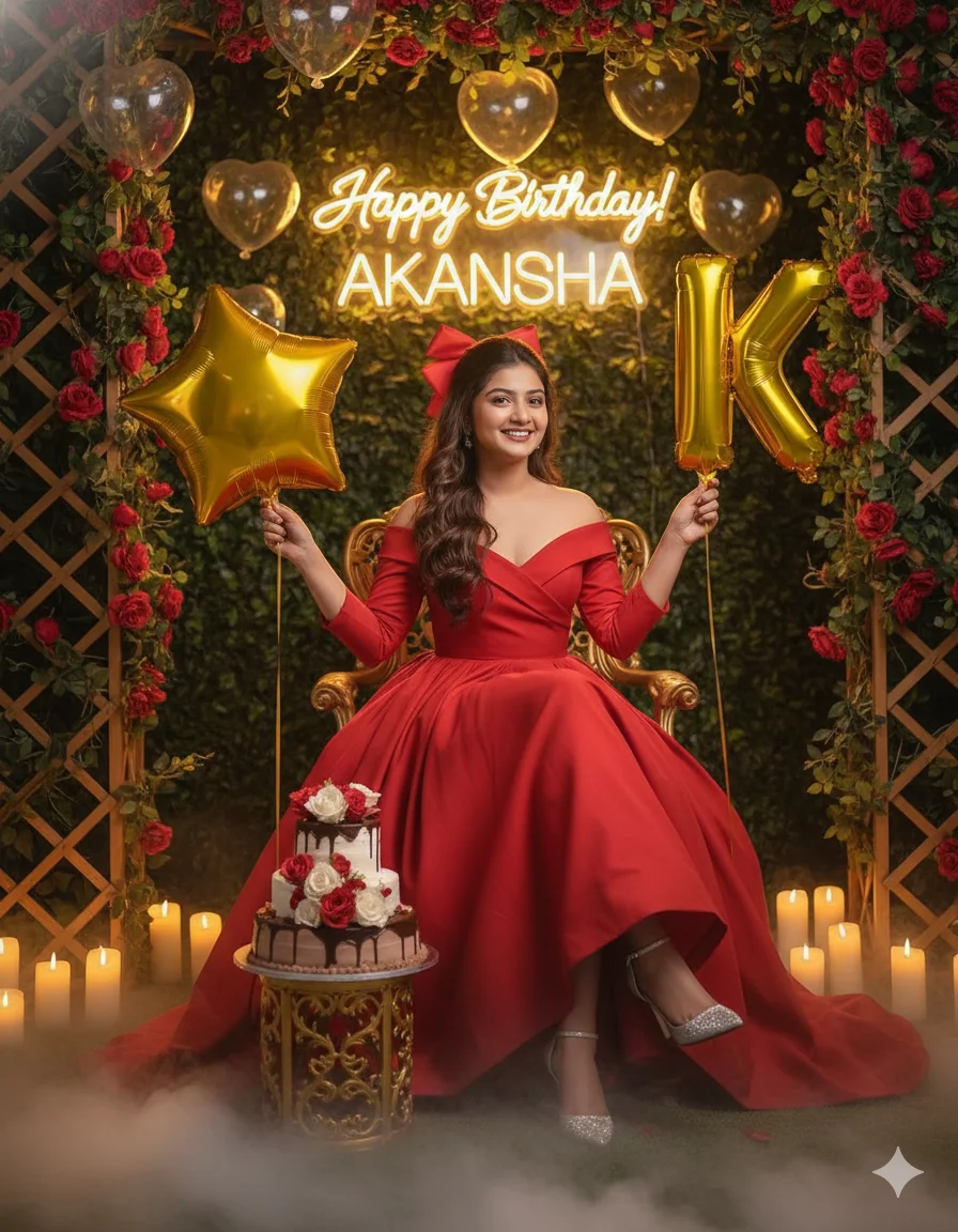 Luxury Birthday AI Prompt Red Gown & Rose Garden Portrait 8K