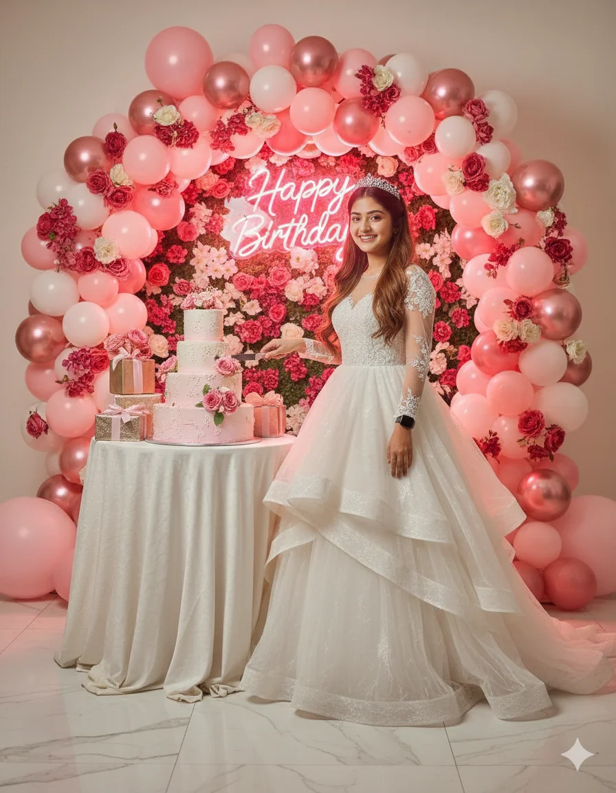 Royal Princess Birthday AI Prompt White Lace Gown & Silver Crown Portrait 8K