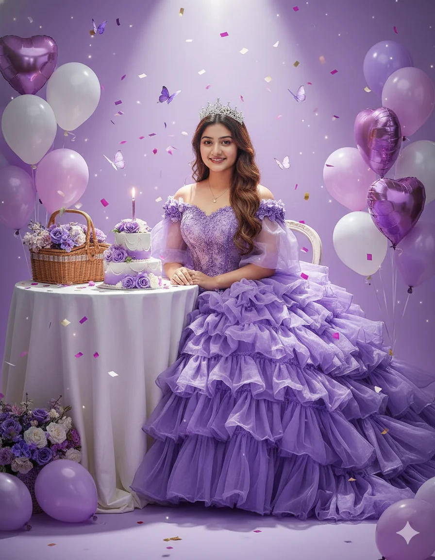 Aesthetic Purple Birthday AI Prompt Tiara, Spotlight & Confetti Portrait 8K