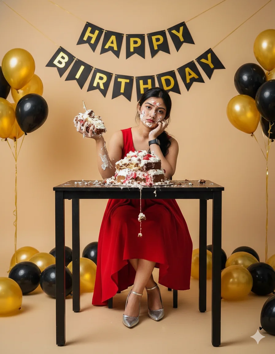 Aesthetic Post-Birthday Messy Look AI Prompt Red Gown & Smashed Cake 8K