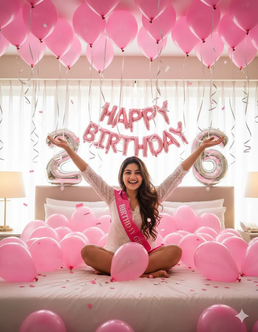 Aesthetic 26th Birthday AI Prompt Pink Bedroom Decoration & Silver Foil Balloons