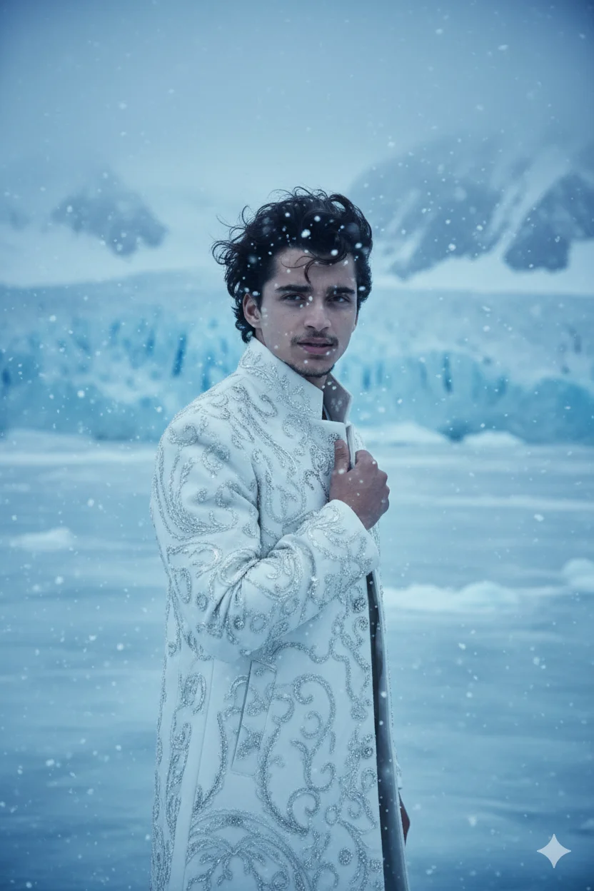 High-Fashion Winter Vogue AI Prompt White Luxury Coat & Frozen Glacier 8K
