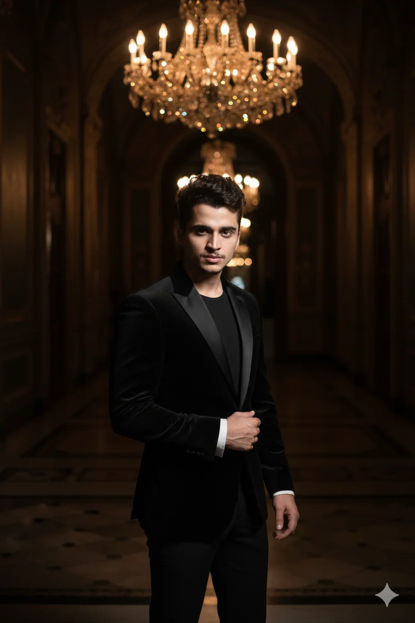 Luxury Black Velvet Suit AI Prompt Midnight Marble Palace Editorial 8K