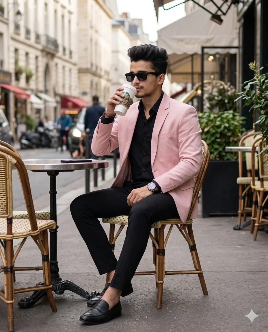 Luxury European Cafe AI Prompt Nano Banana AI Prompts for Men's Pink Blazer Look