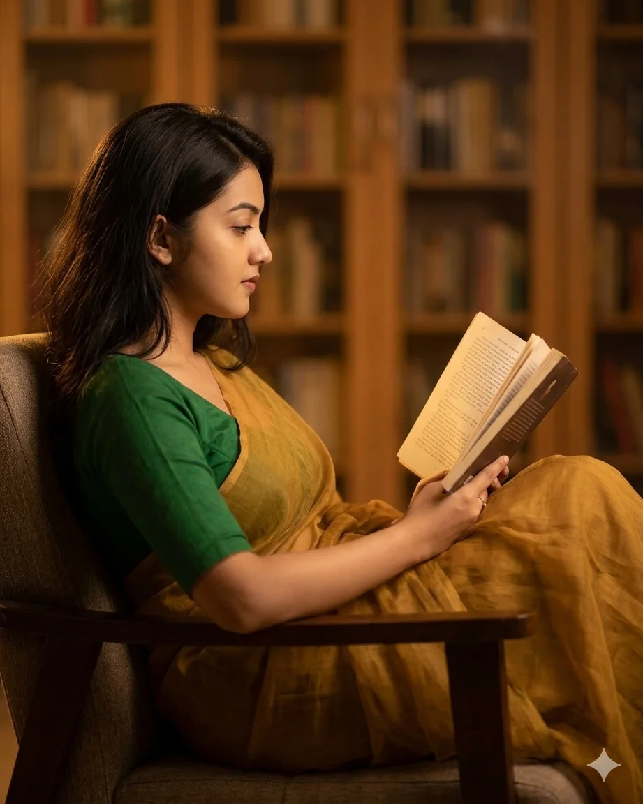 Elegant Reading Saree AI Prompt Nano Banana AI Prompts for Green Blouse Portraits