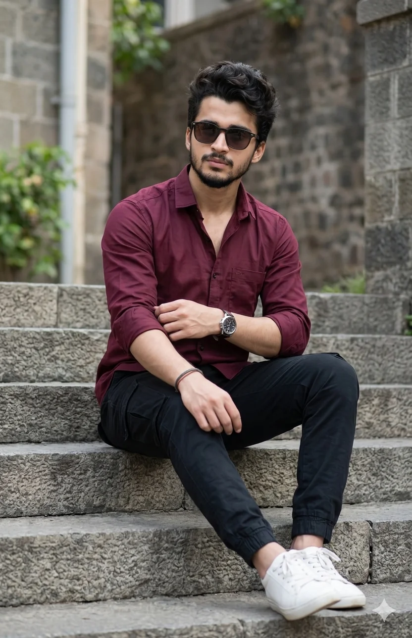 Street Style Burgundy Shirt AI Prompt Nano Banana AI Prompts for Men's Urban Portraits