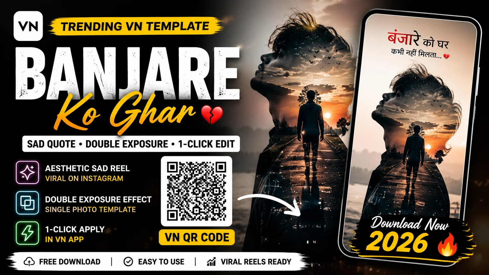 Banjare Ko Ghar VN Template QR Code Download 2026 Sad Quote Reel