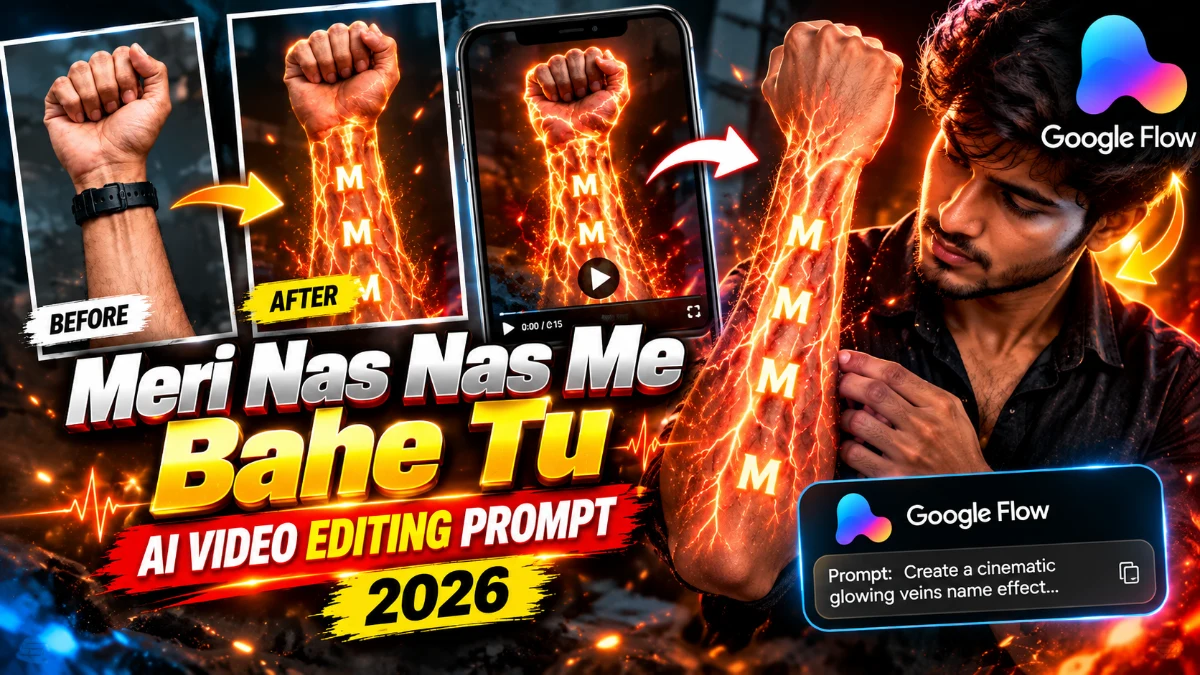 Meri Nas Nas Mein Bahe Hai AI Video Editing Prompt 2026 | Viral Glowing Veins Name Edit